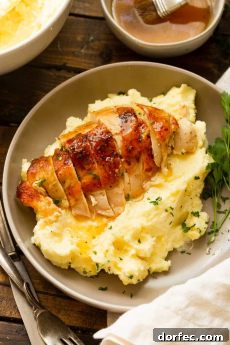 A photo of a golden roasted chicken breast that has been sliced, all sitting on top of a serving of creamy mashed potatoes and gravy.