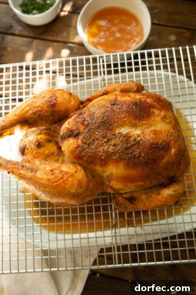 A photo of a whole roasted chicken with golden seasoned skin, sitting on a white cooling rack over a baking dish catching all the drippings.