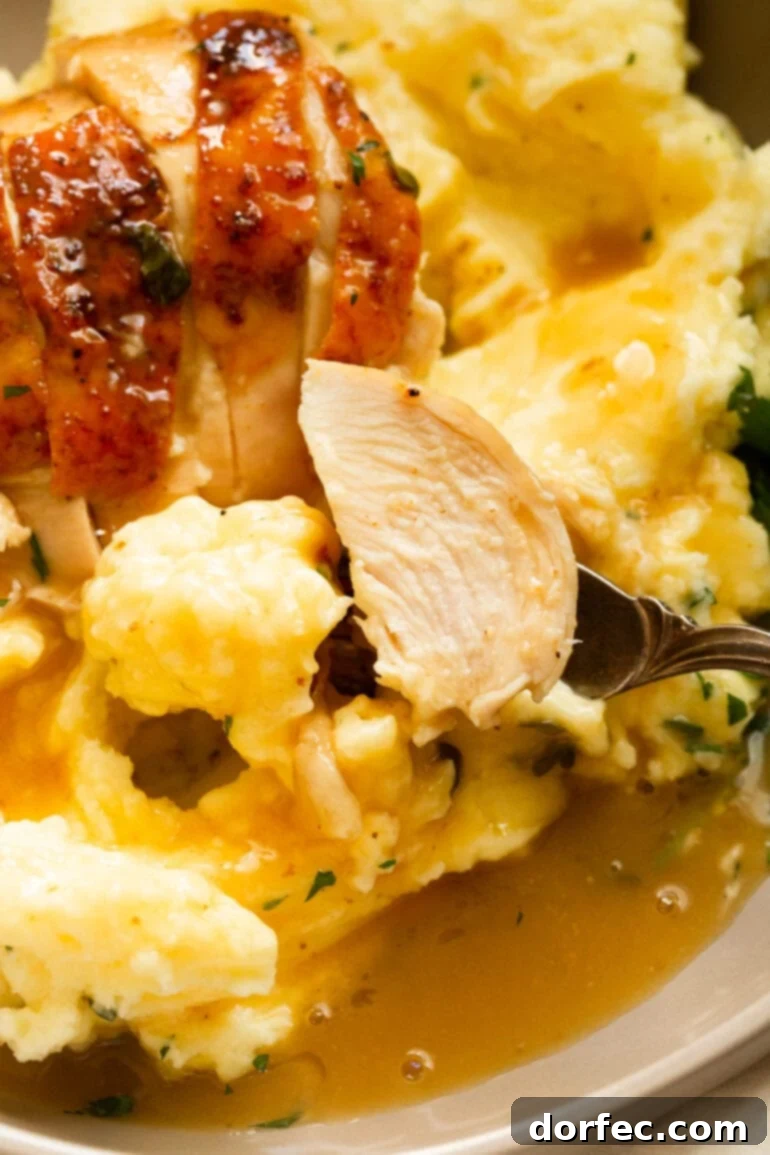A photo of a piece of tender roasted chicken breast on top of a serving of mashed potatoes and gravy.