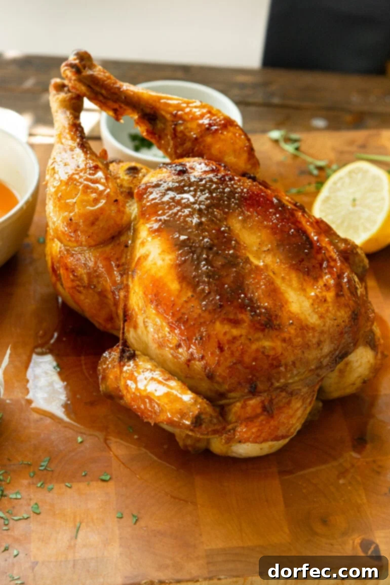 A photo of a whole roasted chicken sitting on a wooden cutting board with a half a lemon sitting next to it.