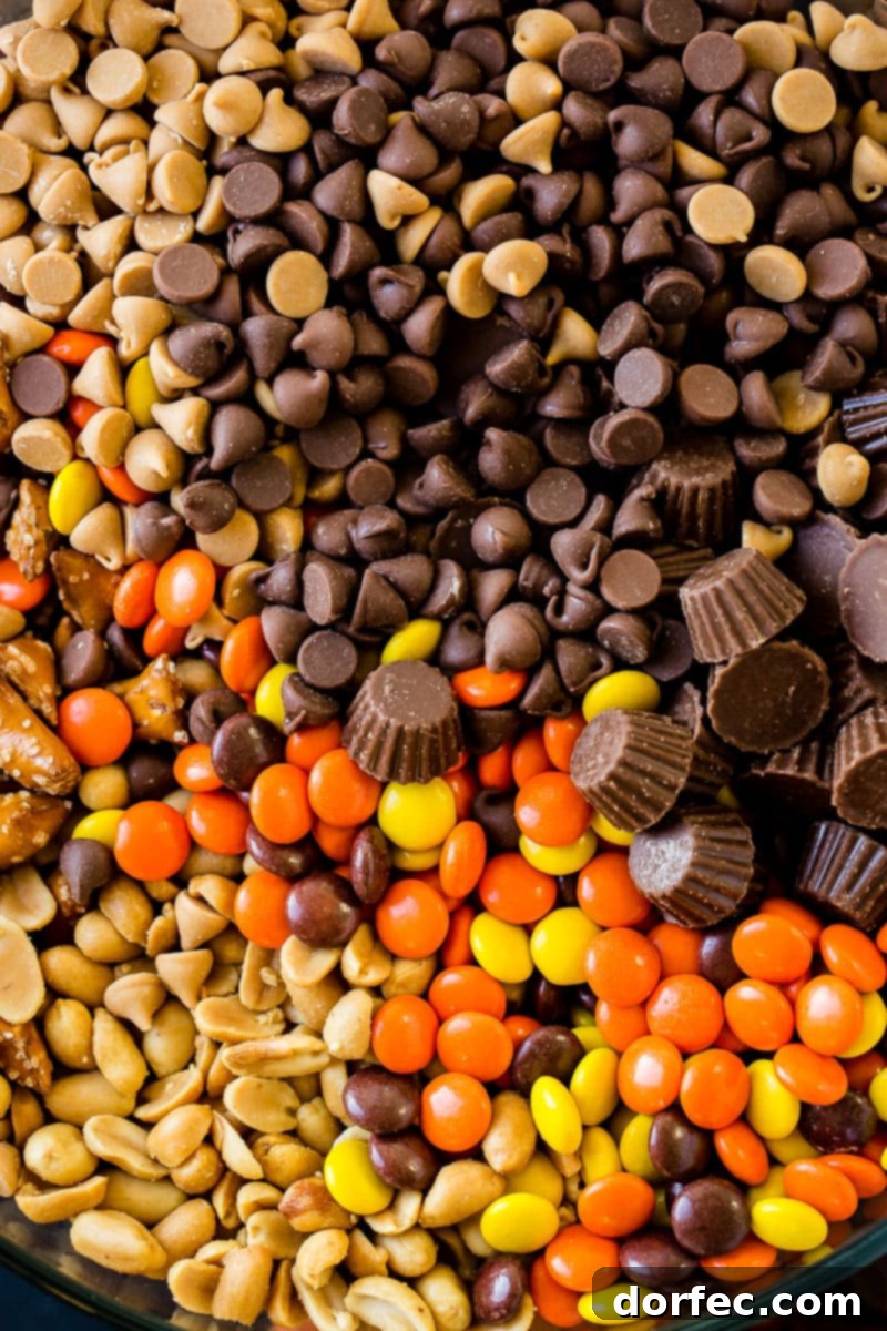 A hand reaching into a bowl of the irresistible Reese's Snack Mix, highlighting its grab-and-go appeal for parties.