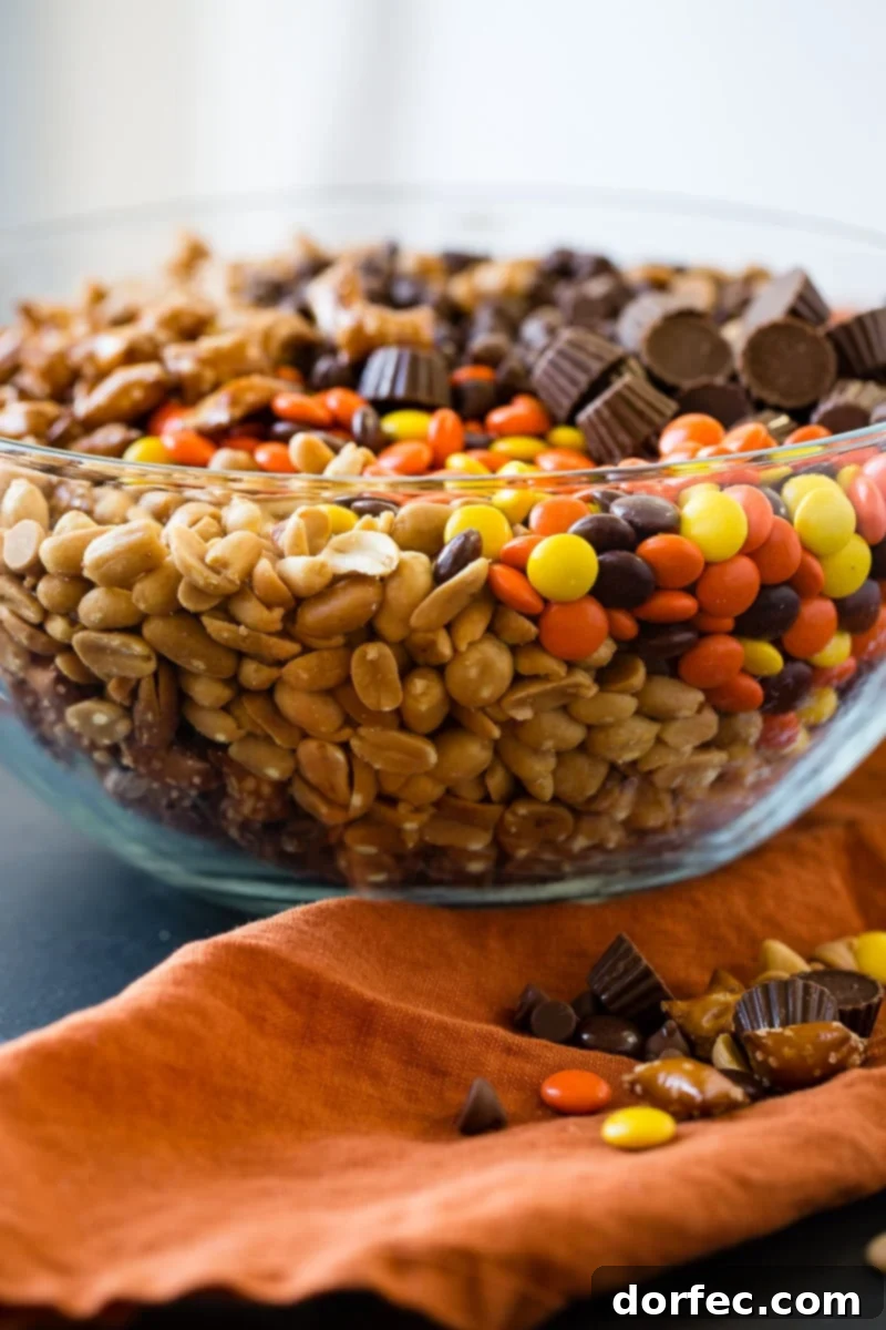 A wide shot of the Reese's Snack Mix in a serving bowl, ready to be enjoyed by party guests.