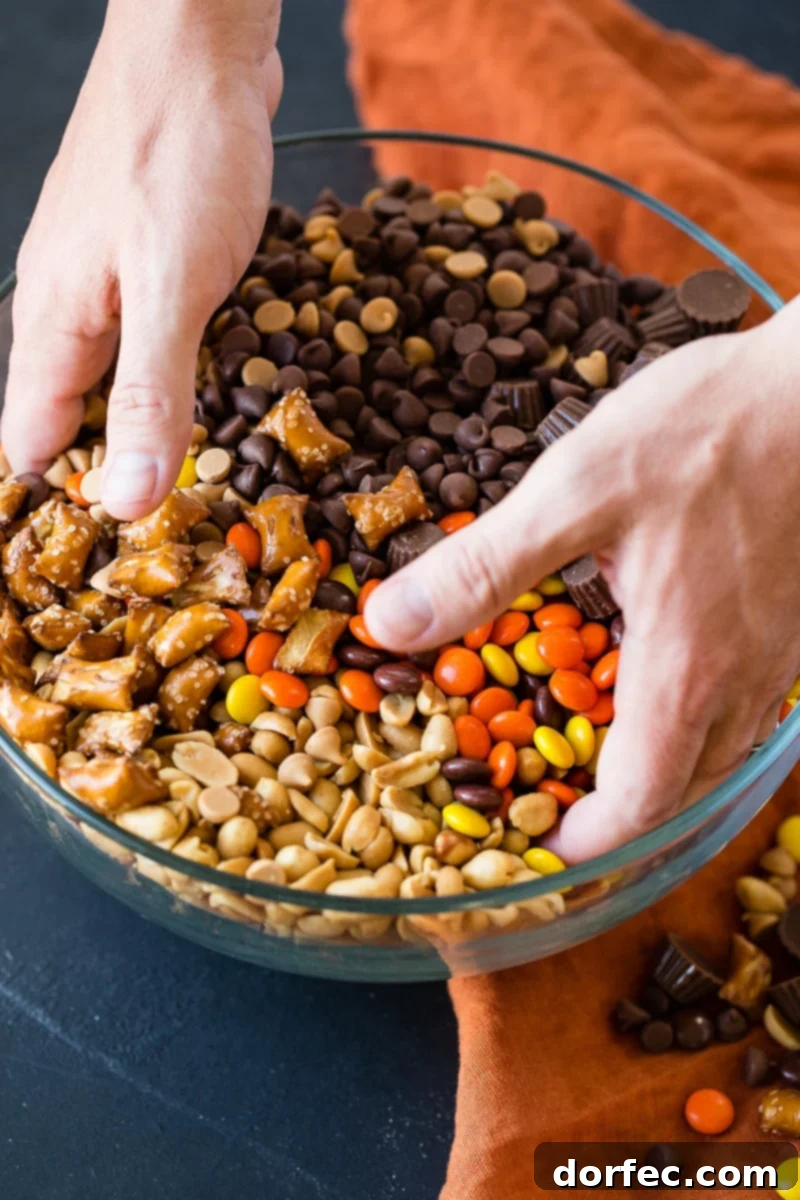 Different textures and colors in the Reese's Snack Mix, showcasing the pretzels, peanuts, and various candies.