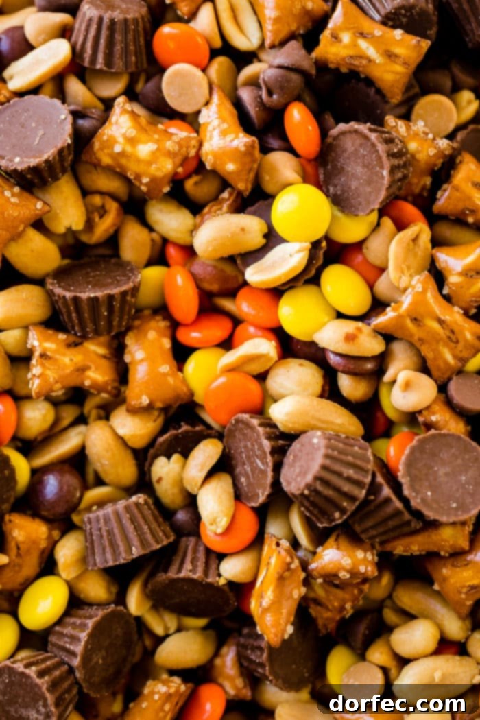 A close-up of a bowl filled with various candied nuts and pretzels, highlighting a perfect sweet and savory snack mix.