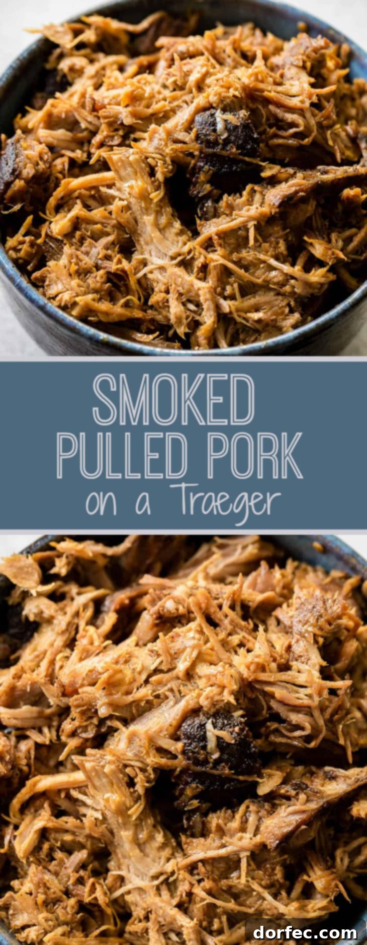 Traeger Smoked Pulled Pork Perfection 4 Close-up of shredded smoked pulled pork in a pan