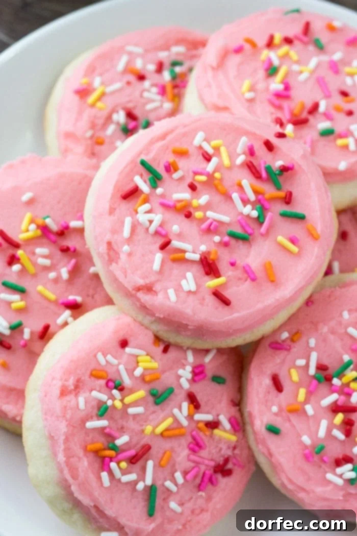 Soft and chewy Lofthouse sugar cookies topped with creamy pink frosting and colorful sprinkles, ready to be enjoyed.