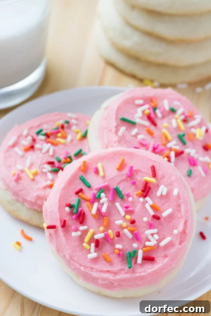 A close-up of a plate of freshly baked Lofthouse sugar cookies with fluffy pink frosting and sprinkles, irresistible and ready to eat.