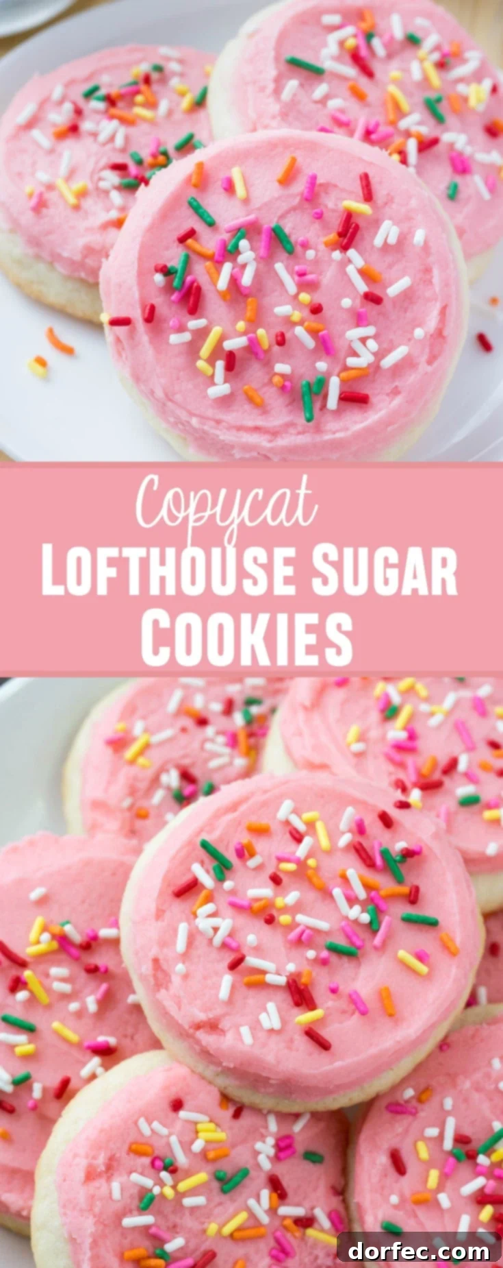 A beautifully arranged stack of finished Lofthouse sugar cookies, with soft pink frosting and colorful sprinkles, on a rustic background.