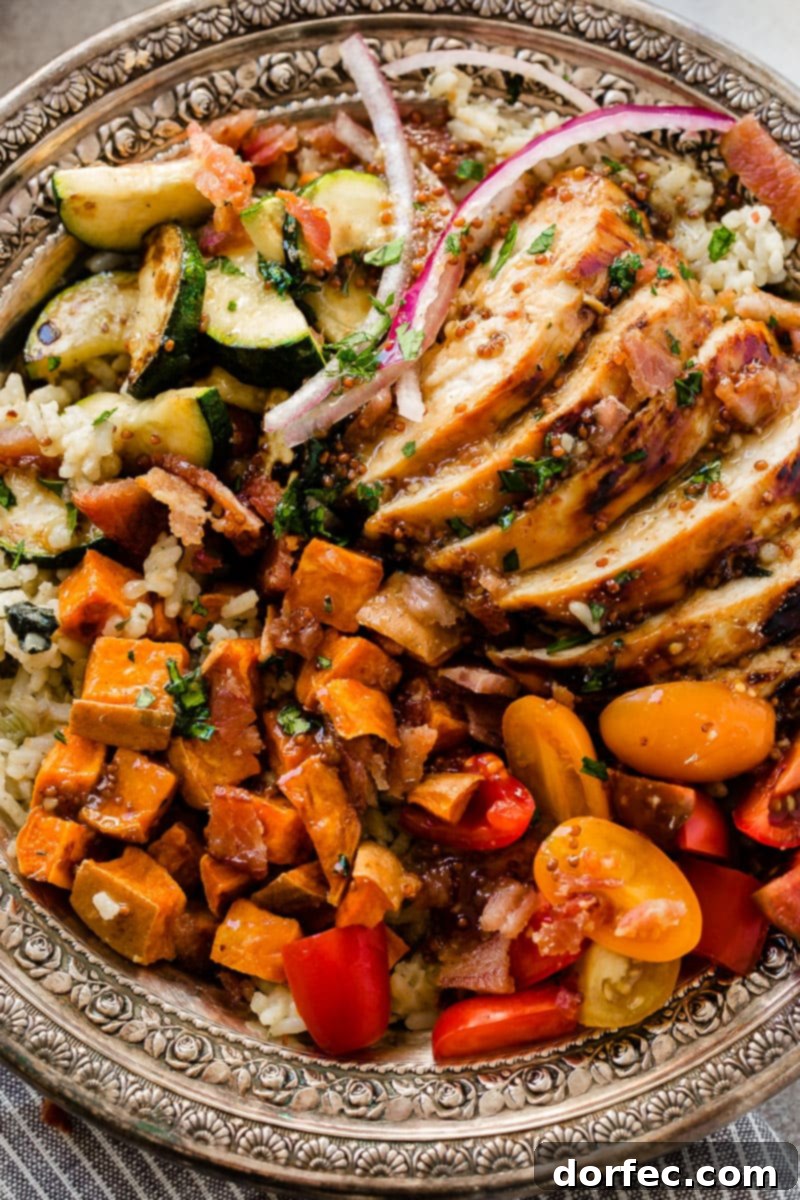 Honey Mustard Chicken Bowls with Spinach Artichoke Rice 2 Need recipes for holiday leftovers, but also need quick and easy healthy recipes? Sweet honey mustard chicken with spinach and artichoke rice bowls are it! ohsweetbasil.com