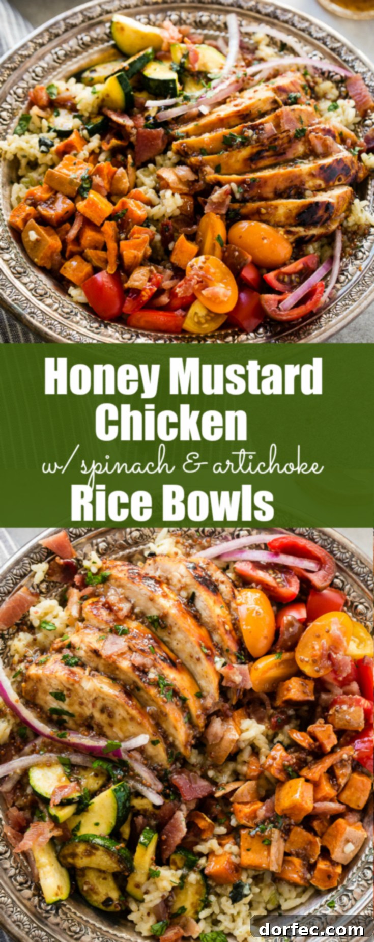 Honey Mustard Chicken Bowls with Spinach Artichoke Rice 9 Need recipes for holiday leftovers, but also need quick and easy healthy recipes? Honey mustard chicken with spinach and artichoke rice bowls are it!