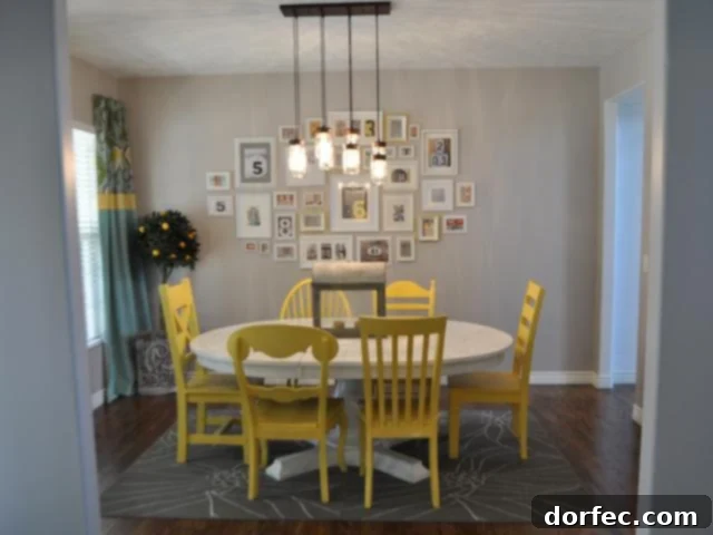Before and after transformation of a dining room, featuring yellow chairs and a grey rug in the 'before' image.
