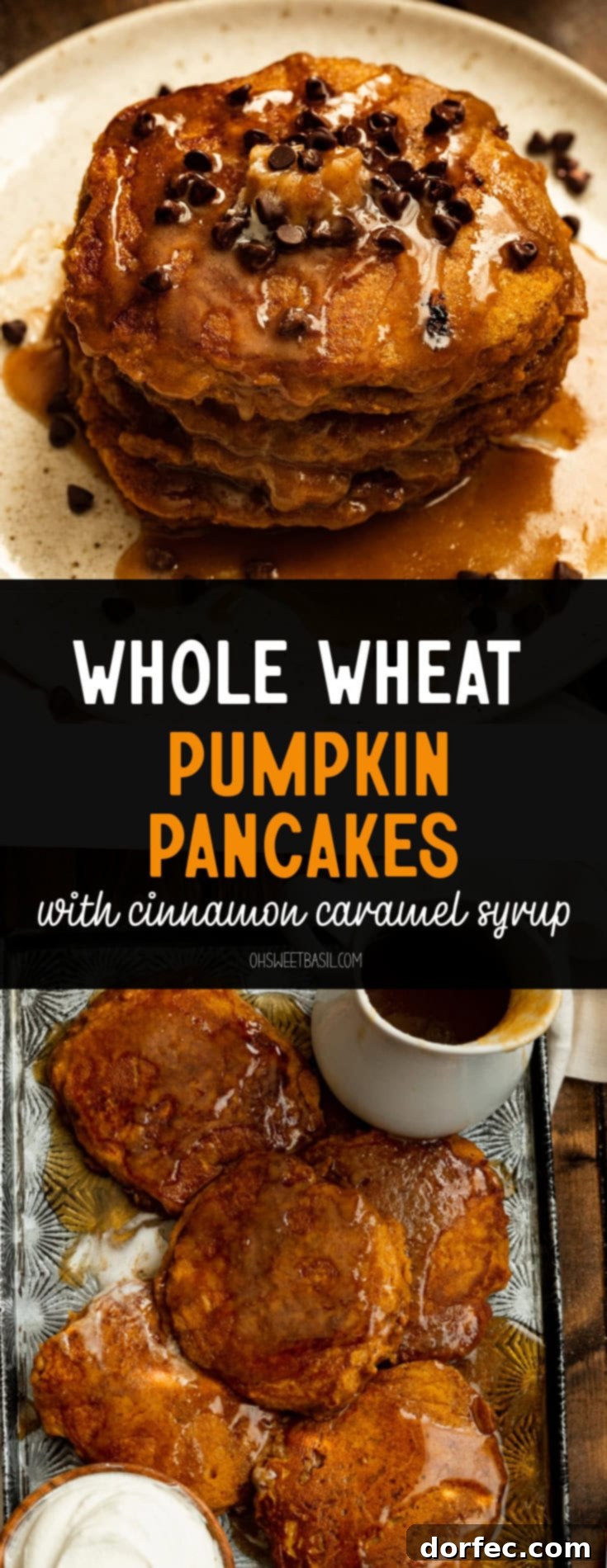 A large stack of whole wheat pumpkin pancakes, beautifully arranged and topped with a generous amount of syrup and mini chocolate chips, capturing the essence of a perfect fall breakfast.
