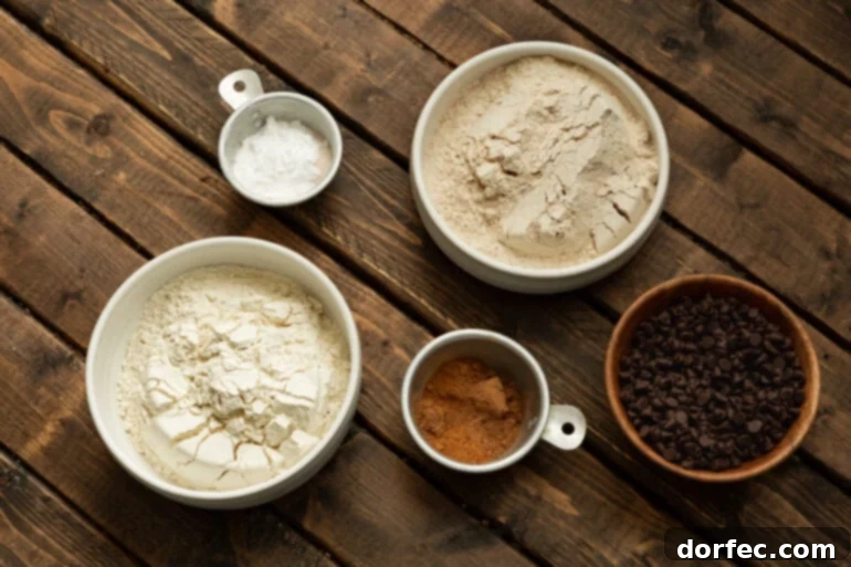 An overhead shot showcasing an array of small bowls, each filled with the individual dry ingredients required for making wholesome pumpkin pancakes.