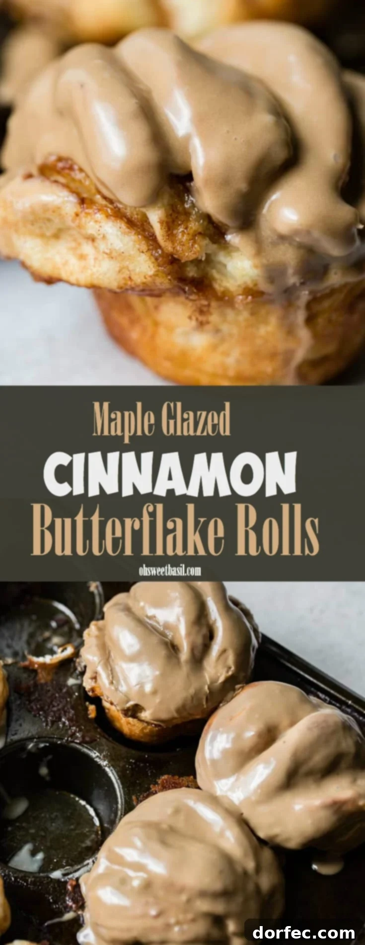 Pillowy Maple Glazed Cinnamon Butterflake Rolls 7 A close up of a cinnamon butterflake roll with maple glaze and a title