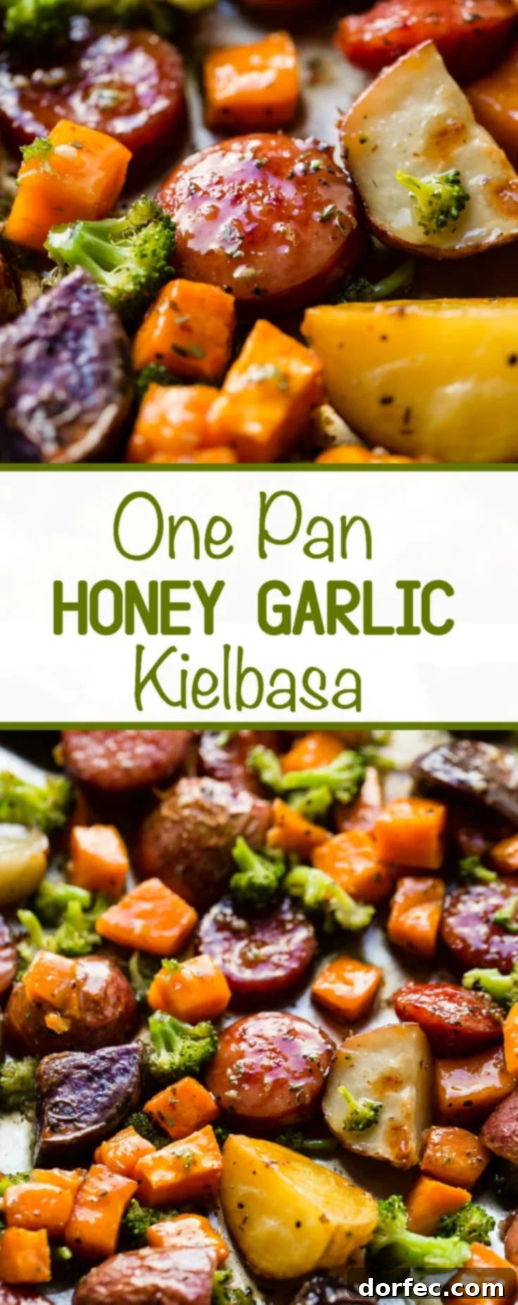 A close-up of the delicious honey garlic kielbasa and roasted vegetables, highlighting the golden-brown kielbasa and tender broccoli
