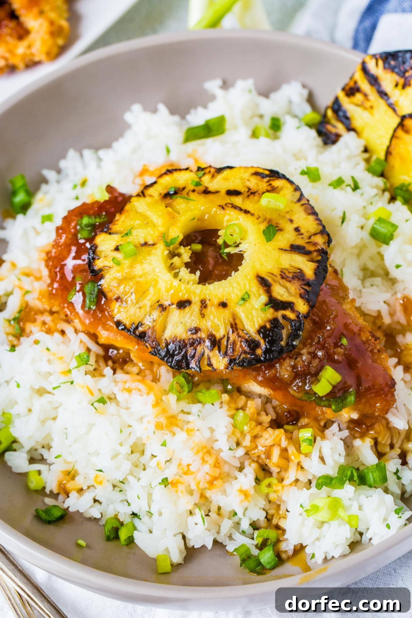 Sweet and Sticky Pineapple Chicken Dinner 6 A tantalizing bowl of white rice generously topped with succulent breaded chicken, coated in a glistening sweet and sour sauce, and crowned with a juicy grilled pineapple ring, promising a satisfying meal. The sauce is so good, you can freeze it for future meals!