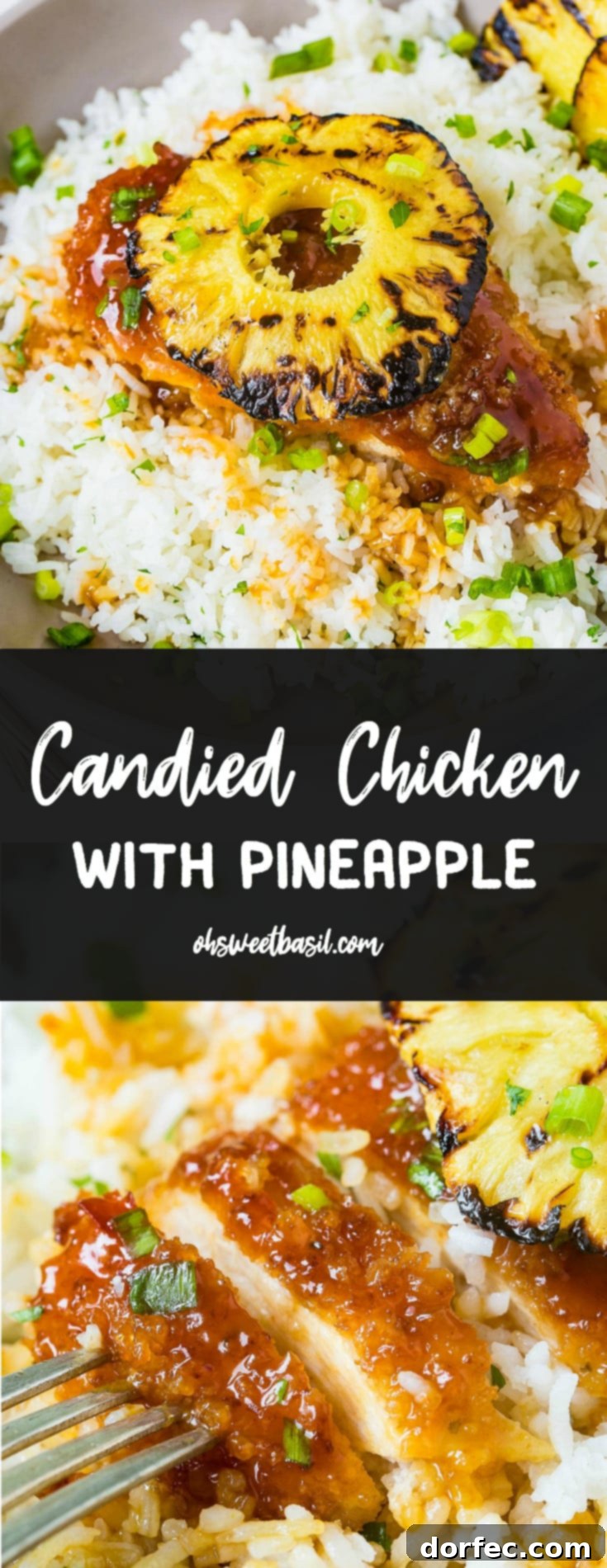 Sweet and Sticky Pineapple Chicken Dinner 9 A serving of golden-brown breaded chicken, generously coated in a sweet and sticky sauce, nestled on a bed of fluffy white rice and beautifully topped with a grilled pineapple ring. This dish is perfect for a quick, flavorful dinner.
