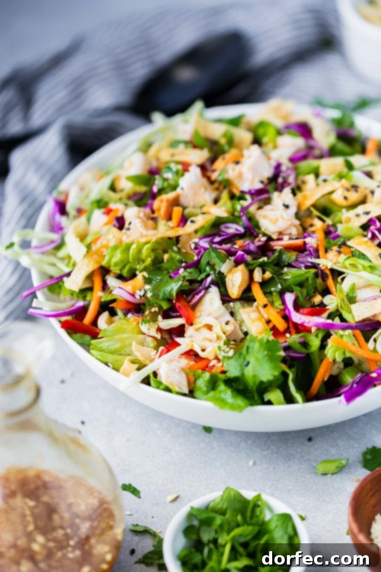 A beautiful photo of Wonton Chinese Chicken Salad served in a large white bowl, garnished with sesame seeds and wonton strips, ready to be enjoyed.