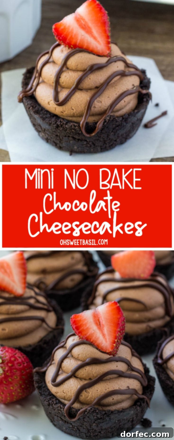 Effortless Chocolate Cheesecake Bites 6 Mini Chocolate Cheesecakes with a fudge drizzle and strawberry on top, a close-up shot highlighting the textures and garnishes.