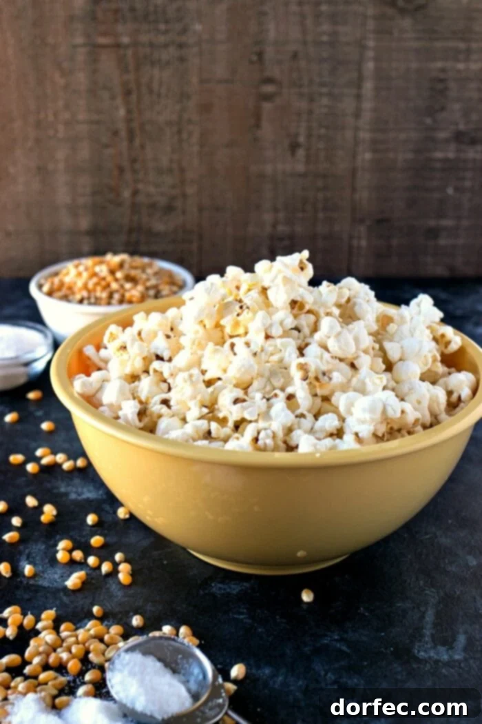 A big yellow bowl of Salt & Vinegar Popcorn with kernels on the side.