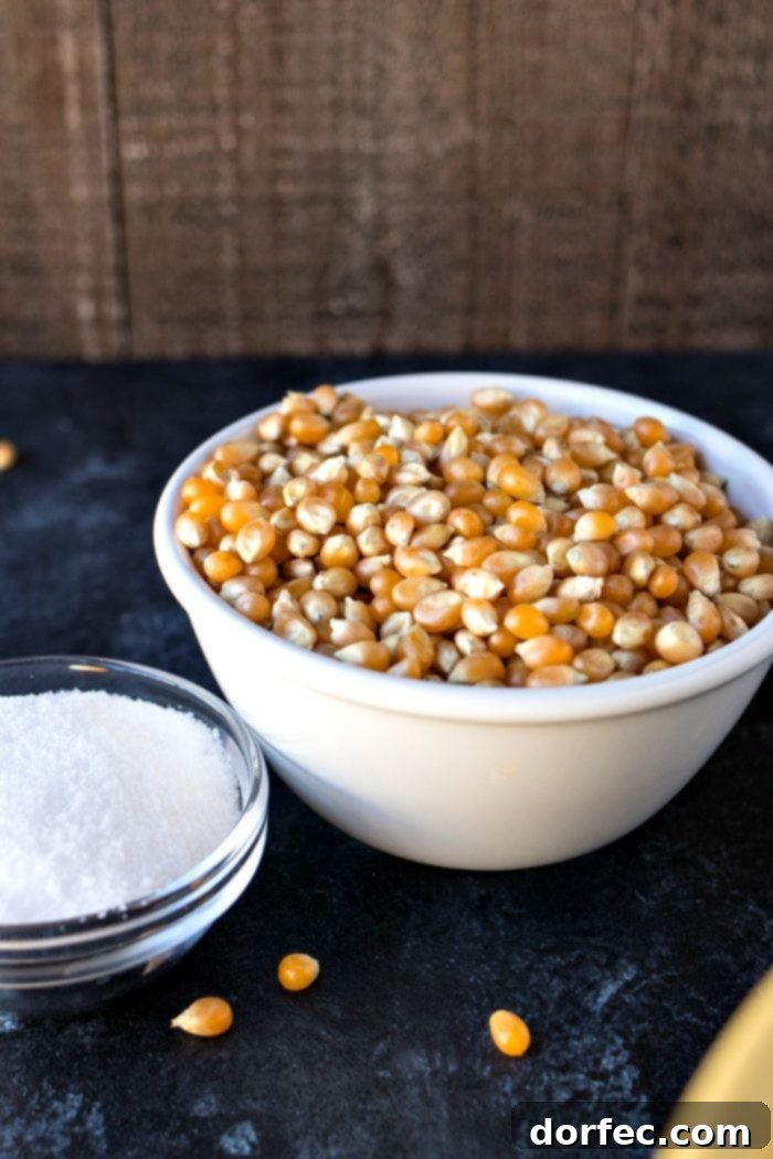 A white bowl full of popcorn kernels and a clear bowl full of salt for seasoning the popcorn.