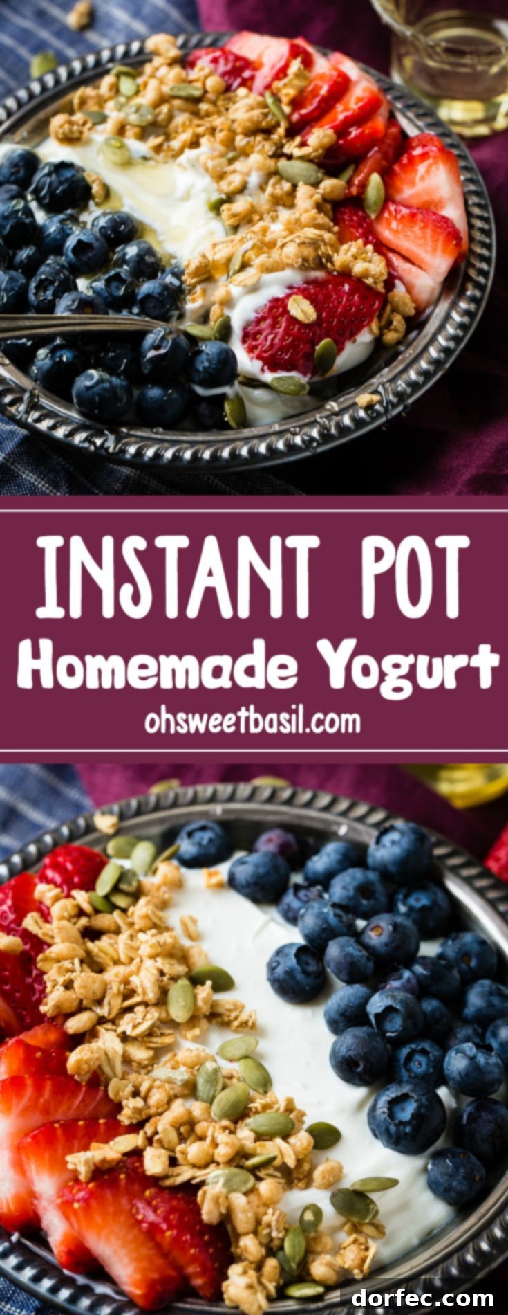 Creamy Instant Pot Yogurt 8 Bowl of instant pot homemade yogurt with fresh blueberries, strawberries, pepitas, granola and a drizzle of honey in a vintage bowl with blue and purple napkins.