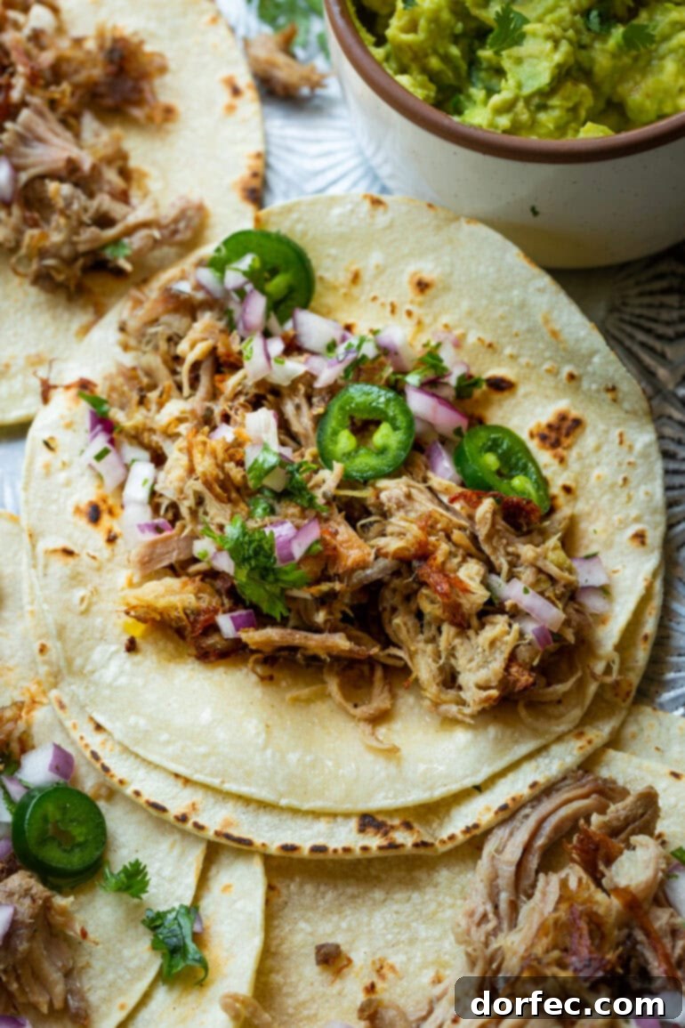 A close-up of a warm flour tortilla generously topped with succulent shredded pork carnitas, vibrant chopped red onions, and thinly sliced jalapeños, highlighting the freshness of the ingredients. Keywords: carnitas tacos, pork tacos, slow cooker Mexican food