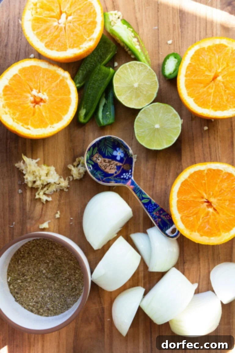 An overhead shot showcasing all the fresh, colorful ingredients for homemade slow cooker pork carnitas arranged artfully on a rustic wooden cutting board, ready for preparation. Keywords: carnitas ingredients, slow cooker recipe prep, fresh Mexican ingredients