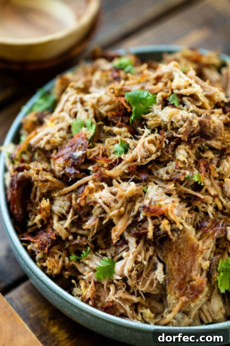 A beautifully presented bowl of tender pork carnitas, generously topped with vibrant chopped fresh cilantro and accompanied by bright lime wedges, showcasing its readiness to be enjoyed. Keywords: cilantro lime carnitas, juicy pulled pork, carnitas toppings