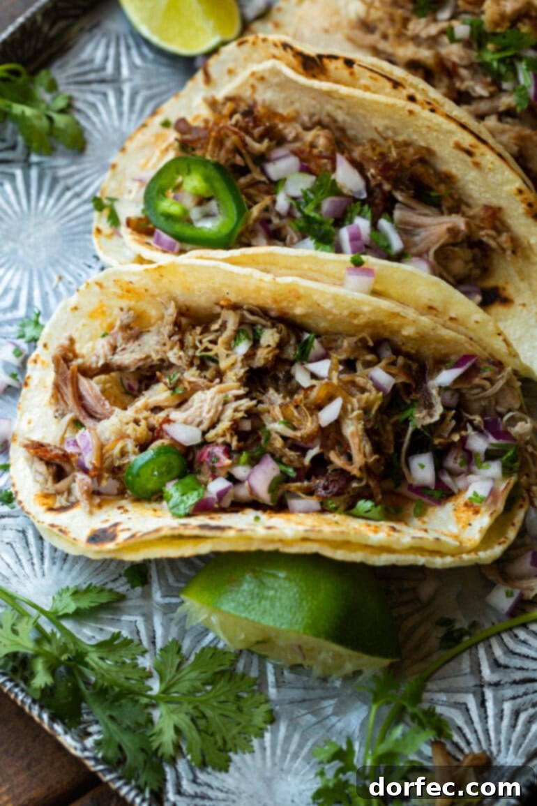 A tempting overhead shot of two homemade carnitas tacos, showcasing their vibrant toppings and the irresistible texture of the slow-cooked pork. Keywords: carnitas tacos, best pork carnitas, easy Mexican dinner