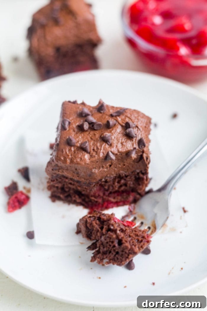 Decadent Chocolate Cherry Cake 5 slice of chocolate cherry cake on white plate alongside fork