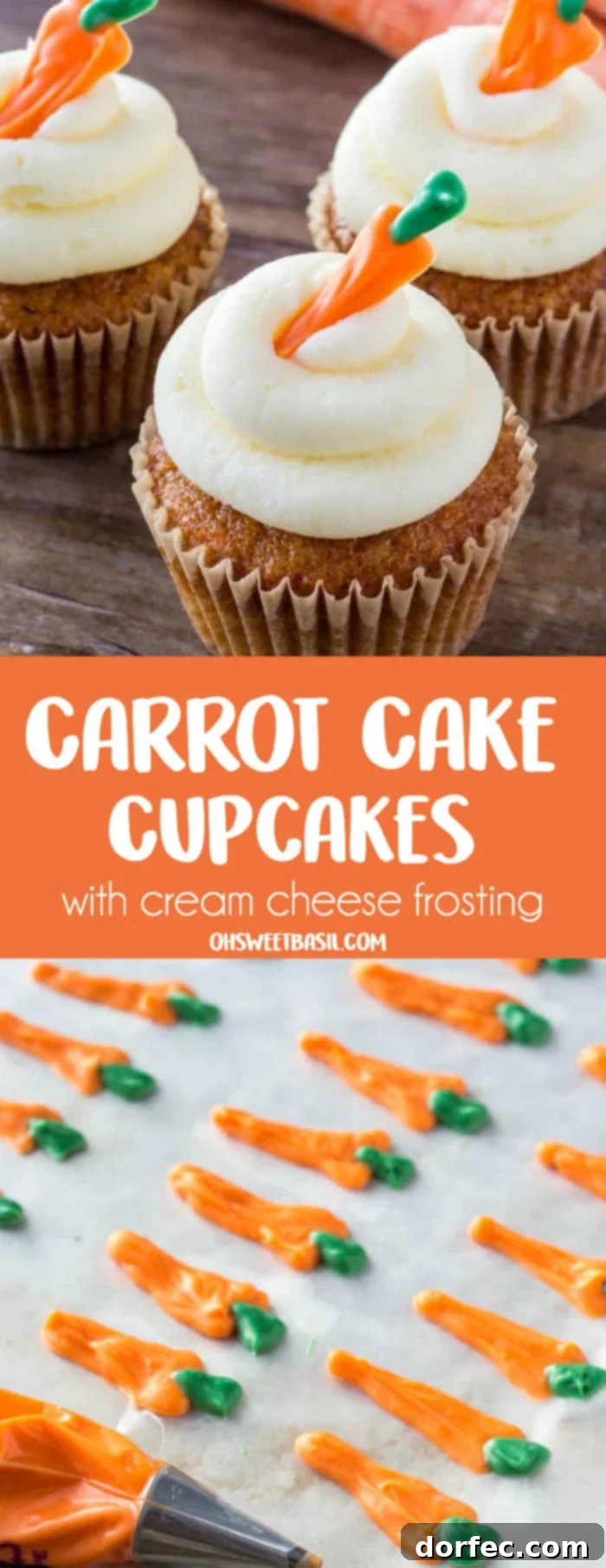 A beautifully decorated Carrot Cake Cupcake, featuring a moist crumb base, swirled with generous cream cheese frosting, and adorned with a delightful candy melt carrot topper, ready for a festive Easter celebration.