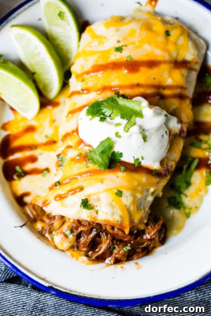 Shredded bbq beef that was made in an instant pot or slow cooker with melted cheese coming out of a burrito topped with sauce, cheese and sour cream and sprinkled with cilantro sitting on a white vintage plate with a blue border 