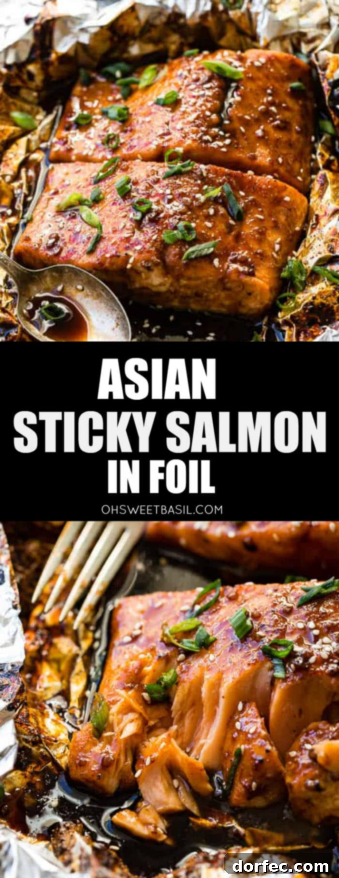 Sweet & Sticky Asian Salmon Packs 6 Two fillets of Asian Sticky Salmon in foil, garnished with green onions and sesame seeds, alongside a vintage spoon with sauce.