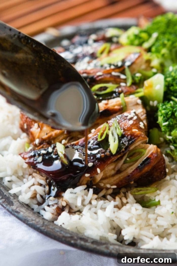 Sweet & Sticky Asian Salmon Packs 7 Grilled chicken breasts coated in a sticky dark brown Asian sauce, garnished with sliced green onions and sesame seeds.