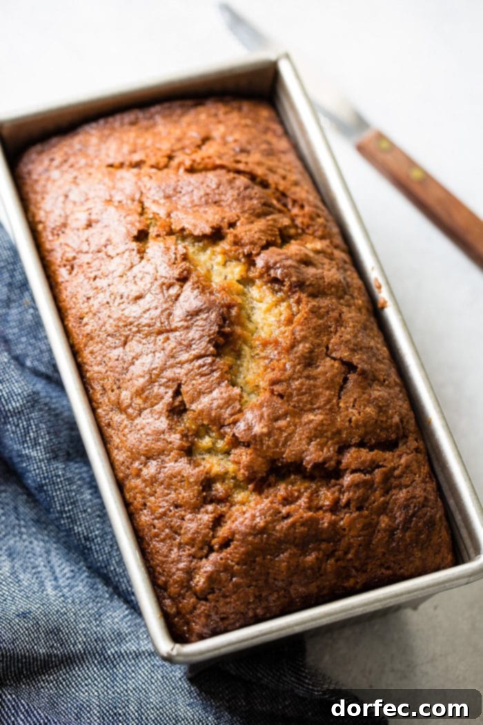 Irresistible Sour Cream Banana Bread 4 A beautiful loaf of banana bread with sour cream sitting on a blue denim napkin