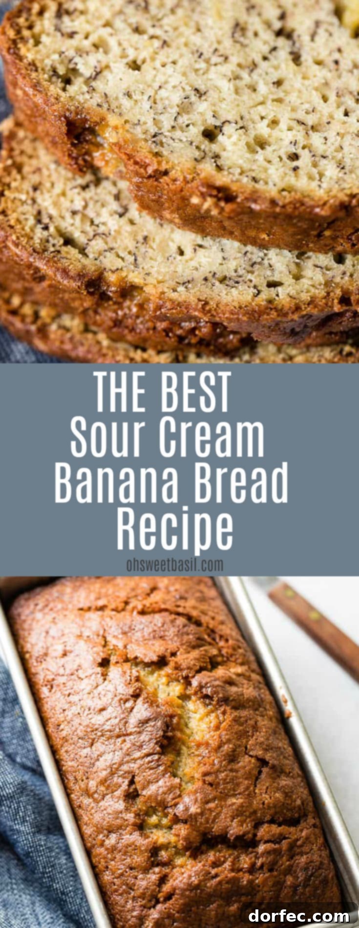 Irresistible Sour Cream Banana Bread 6 A loaf of banana bread sitting on a blue denim napkin with slices of banana bread