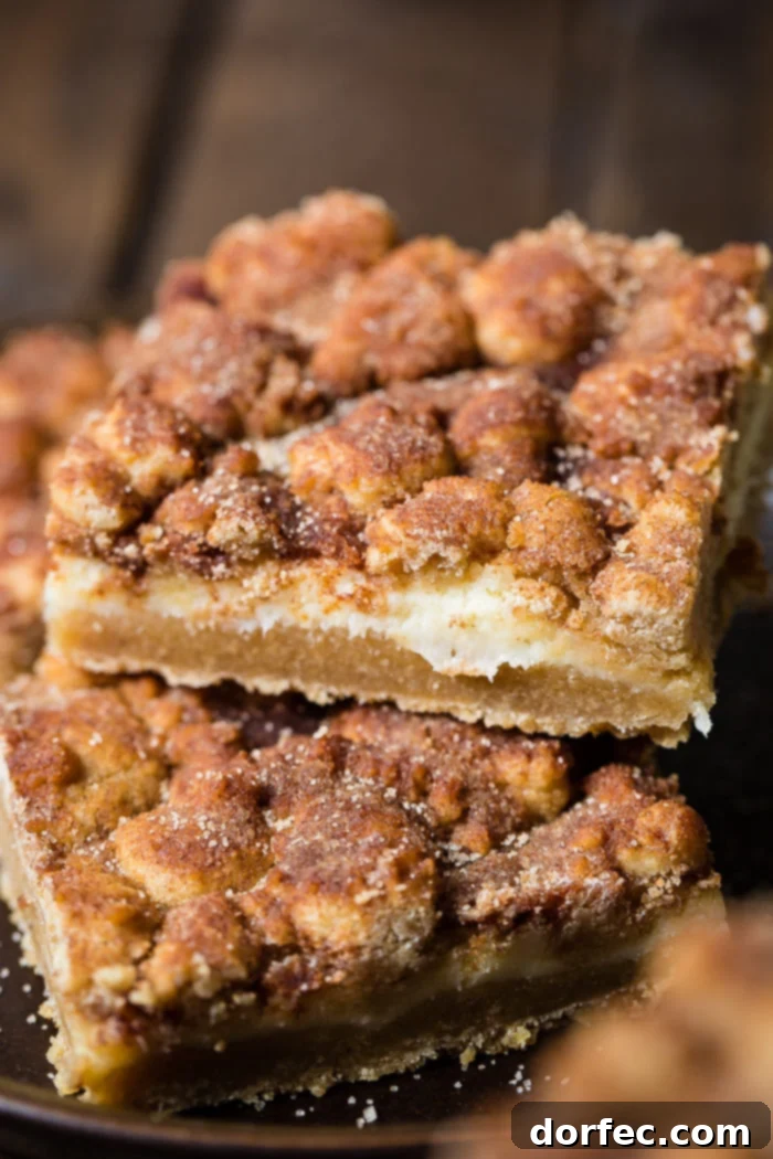 Delicious snickerdoodle cheesecake bars stacked elegantly on a dark plate, showcasing layers of cookie, creamy cheesecake, and cinnamon sugar topping.