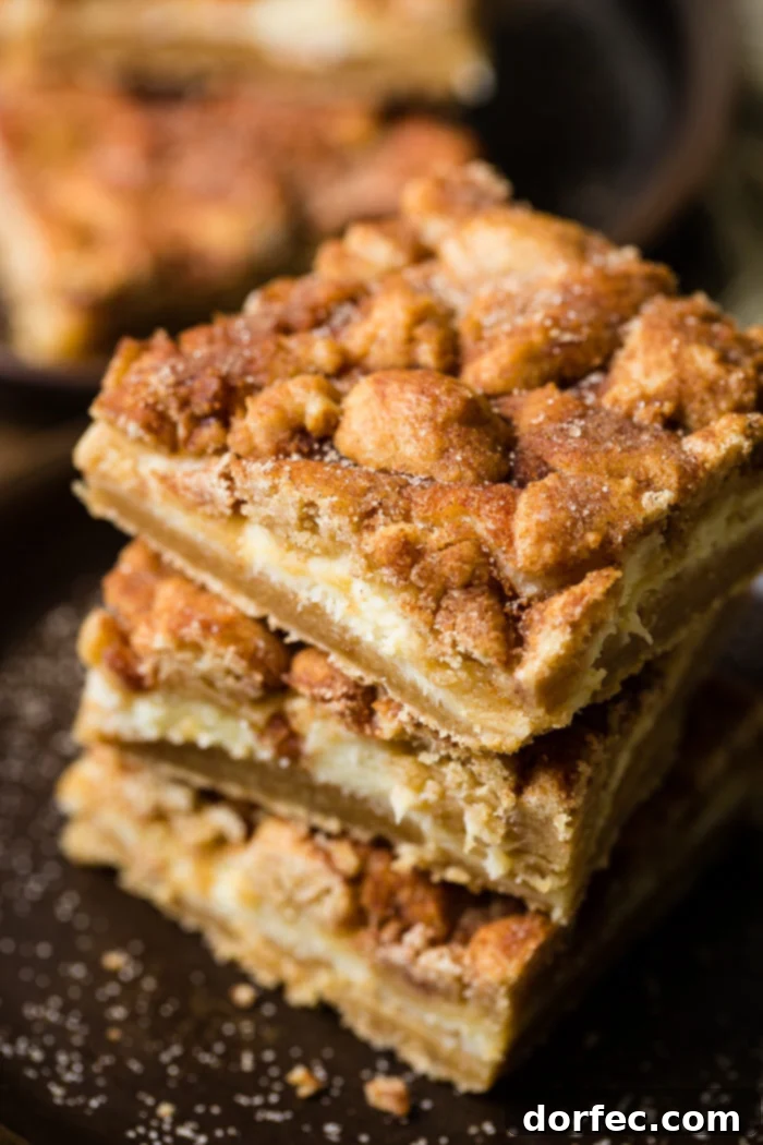 Three delightful snickerdoodle cheesecake bars, featuring distinct layers of cookie, creamy cheesecake, and cinnamon sugar, are artfully stacked on a dark background.