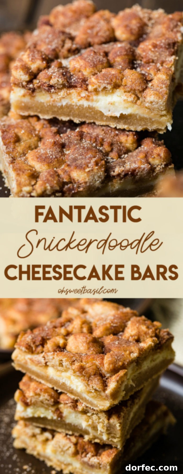 Snickerdoodle cookies are used as the crust and topping with creamy cheesecake in the middle and covered in cinnamon sugar. Fantastic Snickerdoodle cheesecake bars are amazing!