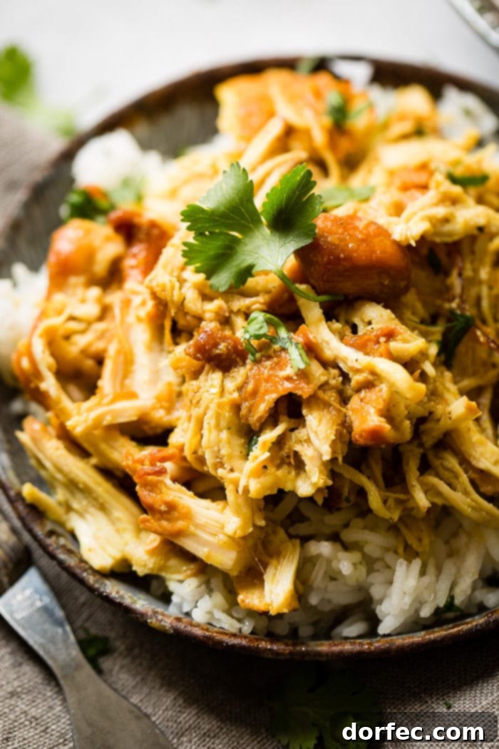 A metal, vintage bowl filled with white long grain rice and shredded chicken with a simple honey curry sauce made in an instant pot with cilantro on top. easy instant pot honey chicken