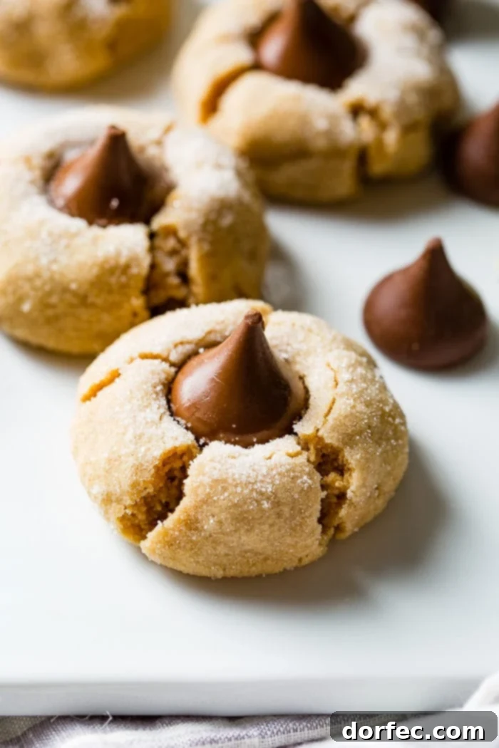 A collection of Peanut Butter Blossom cookies, with a focus on one cookie in the foreground and blurred Hershey's Kisses nearby.