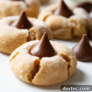 A charming close-up of Peanut Butter Blossoms, arranged beautifully with one cookie cut in half to show the soft interior.