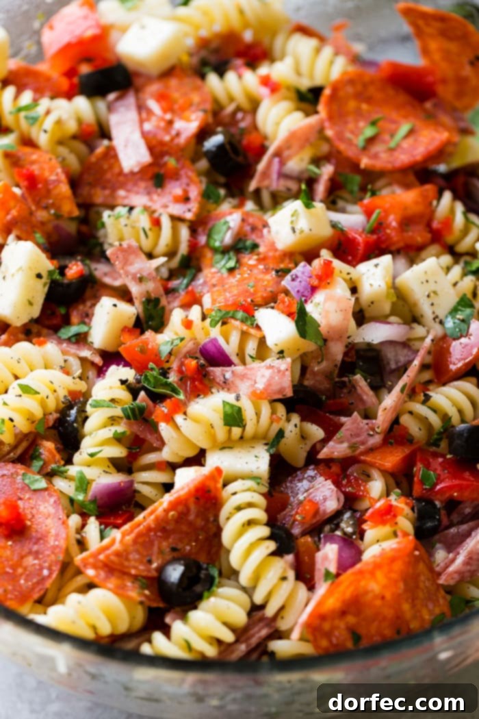 A close up of rotini pasta salad with pepperoni, mozzarella and parmesan cheese, black olives, red peppers, salami and more! 