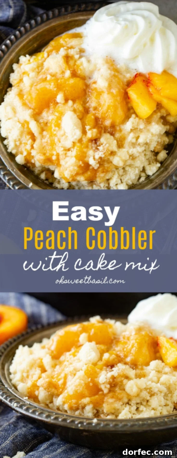 A metal bowl holds a generous serving of fresh, juicy peach cobbler, beautifully topped with a dollop of fluffy whipped cream, ready to be enjoyed.