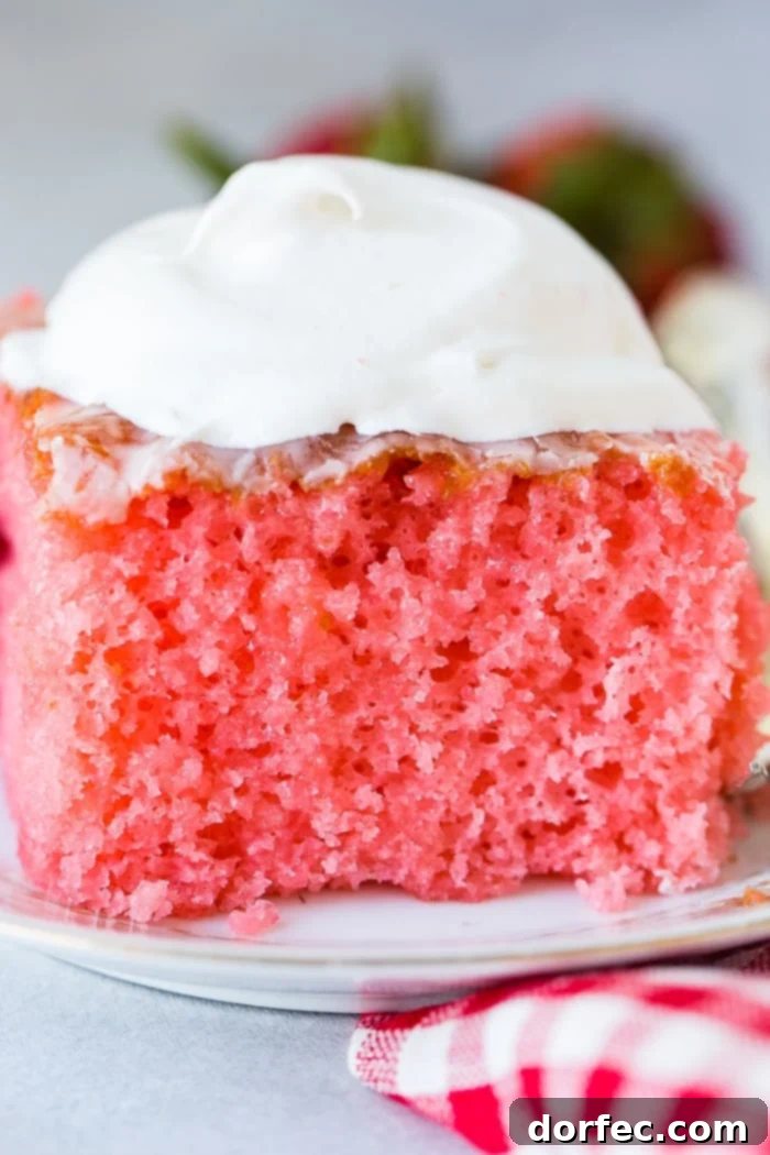 Strawberry Jiggle Cake 2 A large slice of bright pink strawberries and cream jello cake, moist and fluffy, topped with a generous dollop of whipped cream and nestled on a decorative china plate with a red and white checkered napkin underneath. This is the perfect summer dessert for any gathering.