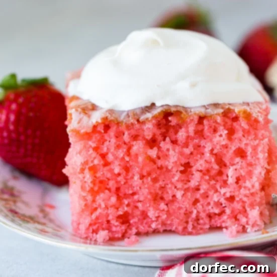 Strawberry Jiggle Cake 3 A slice of vibrant pink strawberries and cream jello cake, beautifully moist and tender, adorned with a fluffy dollop of whipped cream. A fresh strawberry sits behind the cake, and a red checkered napkin completes the charming presentation. This easy-to-make dessert is a hint of strawberries and cream perfection.