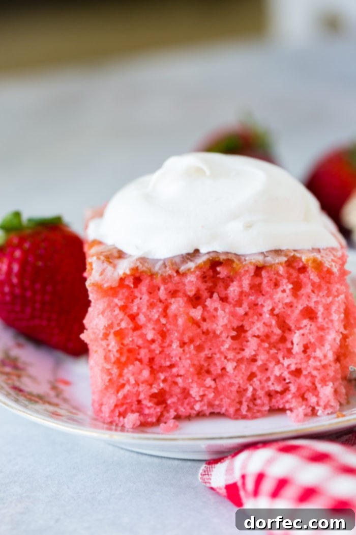 Strawberry Jiggle Cake 5 A slice of delicate pink strawberries and cream jello cake served on a floral china plate, adorned with a small dollop of Cool Whip and fresh strawberries nestled behind it. This easy Strawberry Jello Cake recipe is perfect for summer gatherings or a sweet treat anytime of the year.