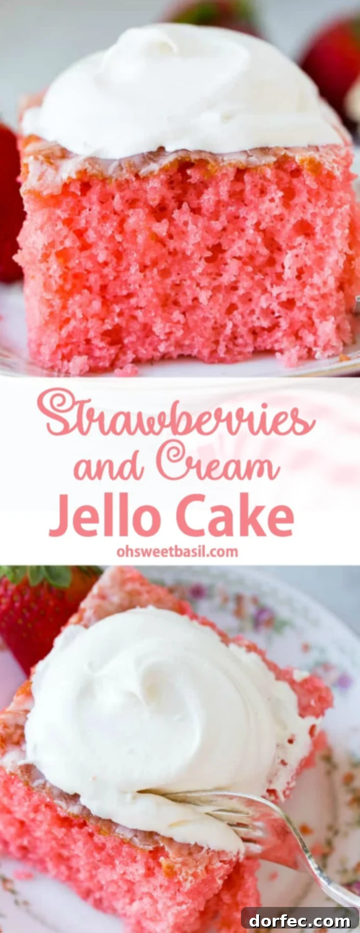 Strawberry Jiggle Cake 7 A china plate showcasing a large slice of vibrant pink strawberries and cream jello cake, delicately topped with a fluffy dollop of whipped cream. The plate rests on a red and white checkered napkin, enhancing its charming appeal. This moist Jello cake is ideal for any spring or summer occasion.