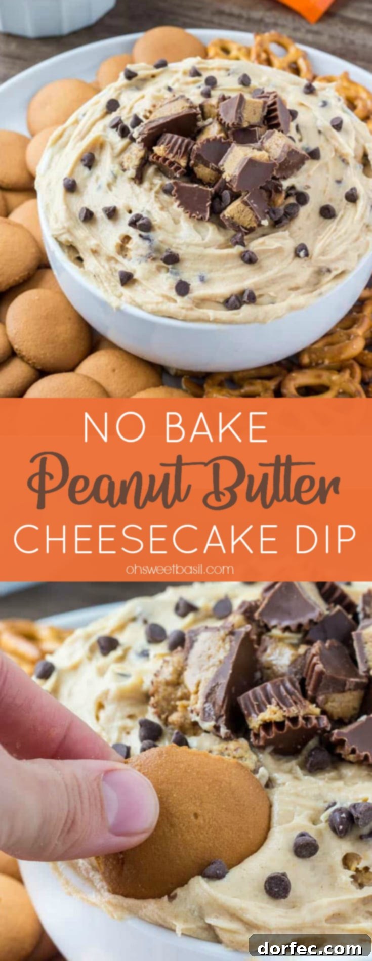 A bowl of creamy no bake peanut butter cheesecake dip sprinkled with chocolate chips and Reese’s peanut butter cups